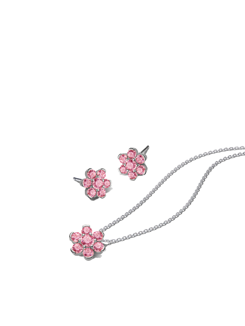 Sparkling Pink Flower Sterling Silver Necklace & Earrings Set