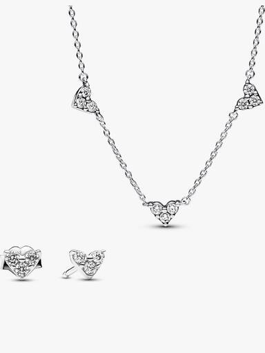 Triple Stone Heart Station Necklace and Earring Set