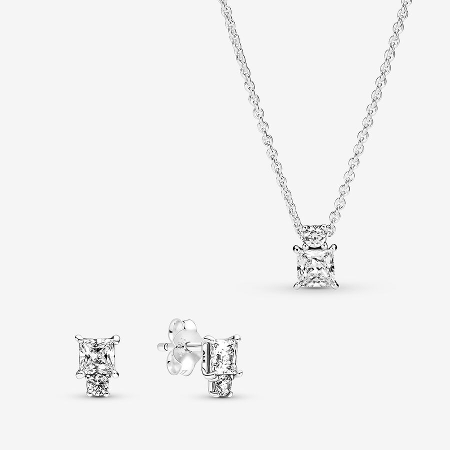 Sparkling Round & Square Necklace and Earring Set image number 0