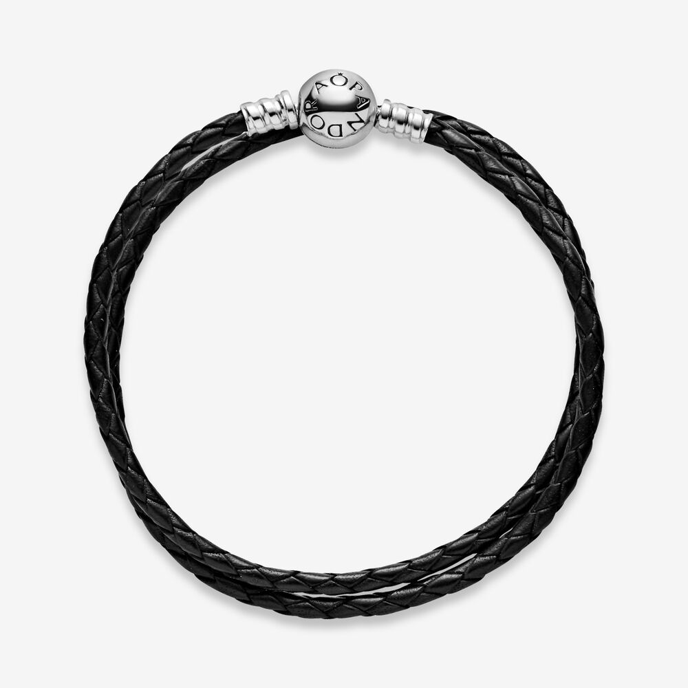 Bracelet Double En Cuir Noir Pandora Moments Argent Sterling