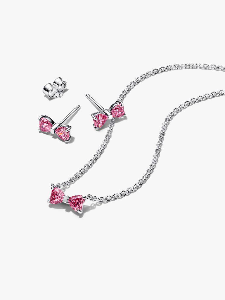 Sparkling Pink Bow Necklace & Earrings Gift Set