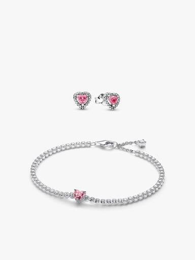 Ensemble de bracelet et boucles d'oreilles Coeur rose scintillant